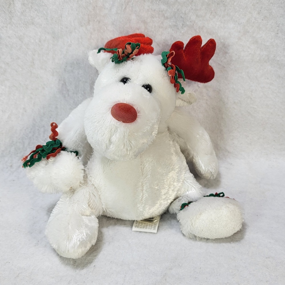 Dan Dee Collectors Choice White Reindeer Plush Red Antlers Christmas 10 Inch